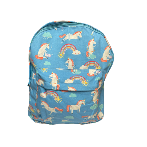 Sky blue backpack with unicorns and rainbows printed on it.