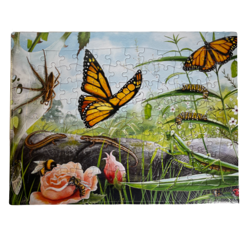 Jigsaw puzzle featuring Monarch butterflies and other insects.