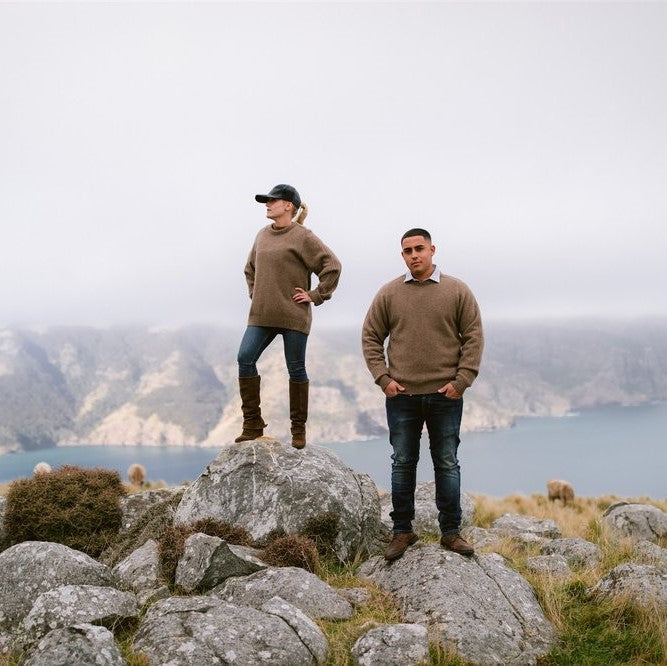 Couple wearing natural brown woolen jerseys from Wyld.