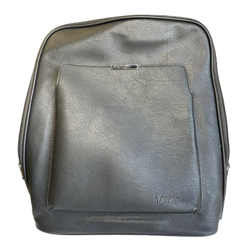 Black leather look backpack with front pocket.